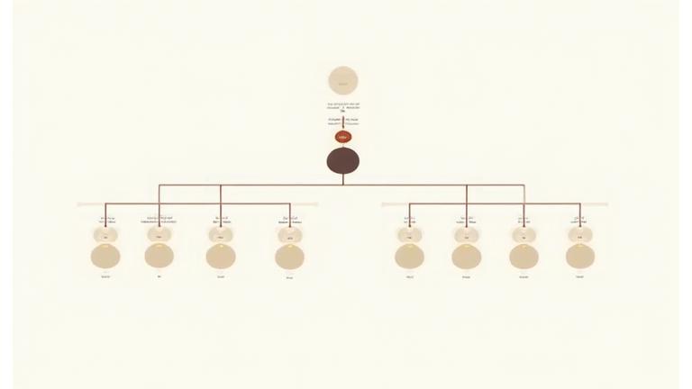 会社組織図のグラフィック。経営陣から各部署へ階層的に連結している