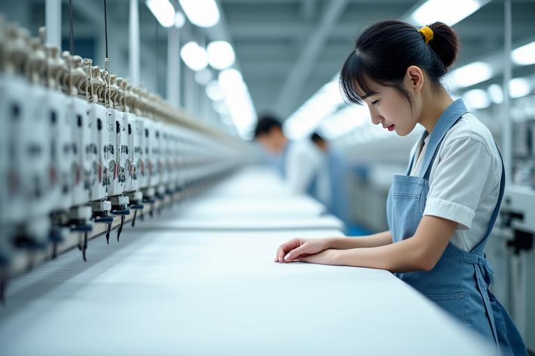 最新鋭の生産ラインで作業員が布地を検査している様子