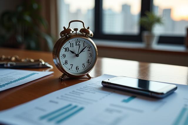 Un elegante orologio da tavolo su una scrivania con documenti finanziari e un telefono, che simboleggia il monitoraggio continuo