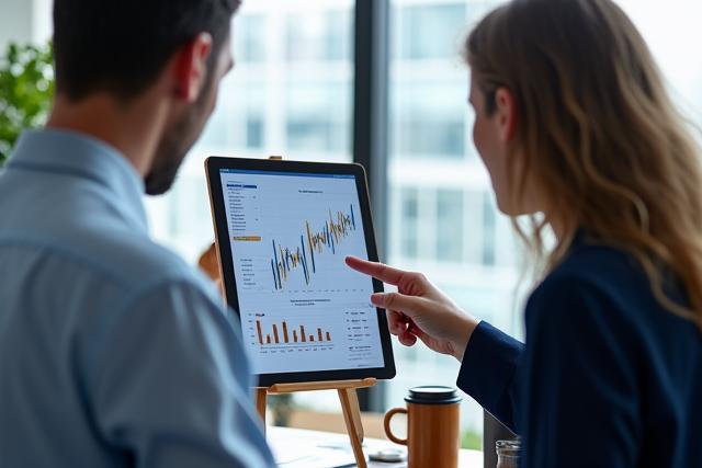 Persone che collaborano davanti a un grafico finanziario su un tablet, circondate da diagrammi
