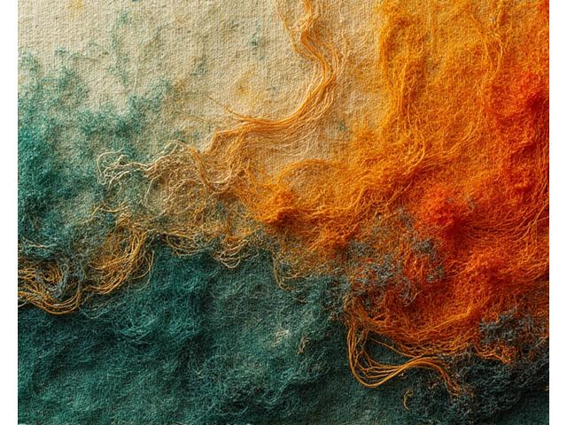 日本の抽象的な繊維アート作品。様々な色や素材の糸が織りなす複雑なテクスチャ。