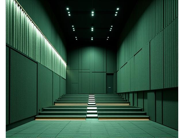 現代的なコンサートホールの壁面に、音響効果を考慮して特別に設計された吸音性の高い織物が貼られている。幾何学模様が特徴。