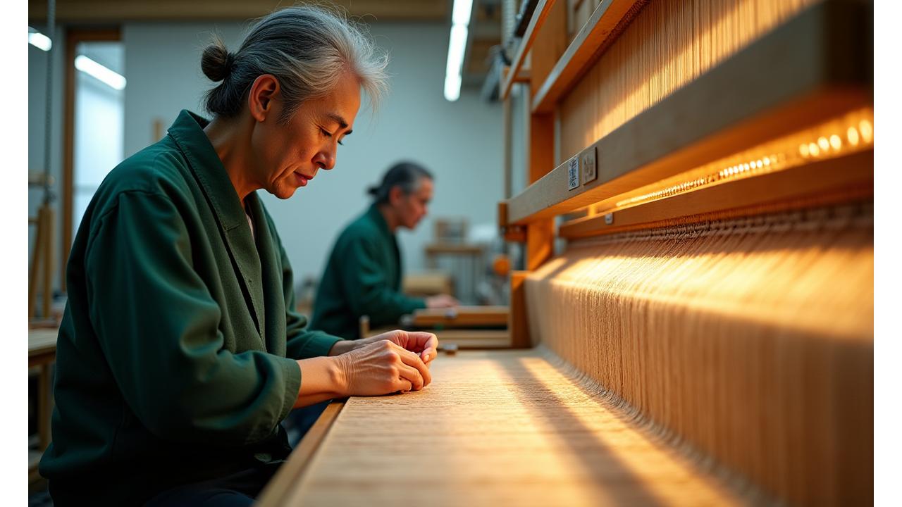 伝統的な手織り機とその横に最新のジャカード織機が並び、職人が丁寧に糸を扱う様子。背景にはMugen Textilesのロゴが控えめに表示されている。