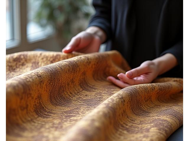 ハイブランドのデザイナーが、複雑な柄のシルクジャカード生地を手に取り、その質感と光沢を確認している。