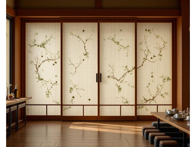 京都の老舗料亭で、伝統的な組子細工の襖にMugen Textilesの現代的な柄の織物が張られている様子。和とモダンが融合した空間。