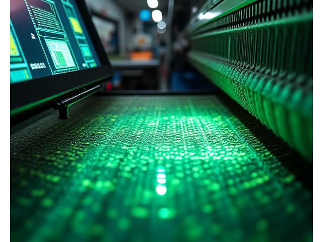 最新のコンピュータ制御ジャカード織機が複雑なパターンを高速で織り上げる様子。デジタルディスプレイには設計図が表示されている。