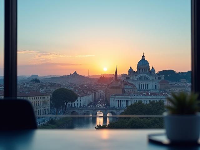 Orizzonte di Roma con elementi finanziari sovrapposti, simbolo di stabilità e piani a lungo termine