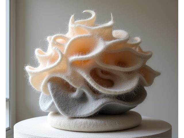 上級者によって制作された、複雑な形状とテクスチャを持つ羊毛フェルトの抽象彫刻