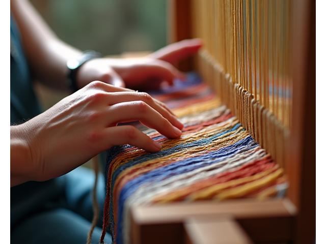 手織り機で布を織る手元のクローズアップ、様々な色の糸が交差する様子