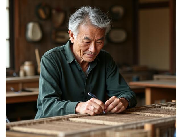 伝統工芸技術者佐藤氏が精巧な手織り作業を行う様子