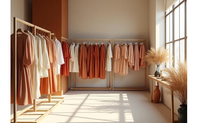 自然染料で染められたアパレル製品が並ぶブティックのイメージ