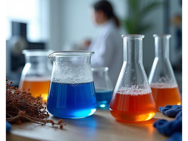 現代的なラボで研究者が植物染料のサンプルを分析している様子、フラスコや顕微鏡がある