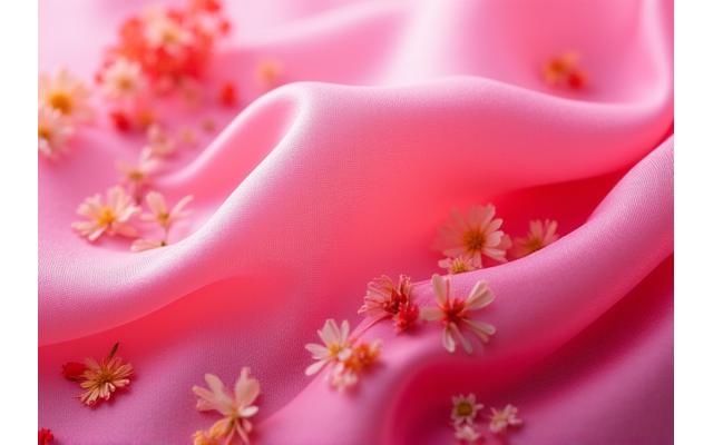 鮮やかなピンク色に染められた紅花の布地と、その元の紅花の花