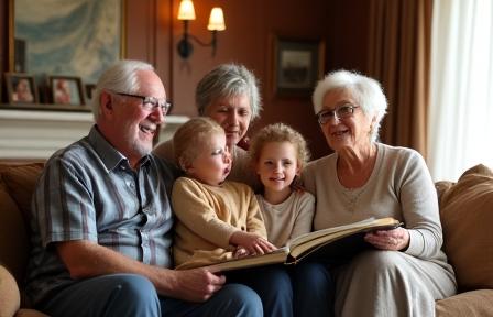 Famiglia multigenerazionale in un ambiente sereno, simbolo di eredità e passaggio generazionale