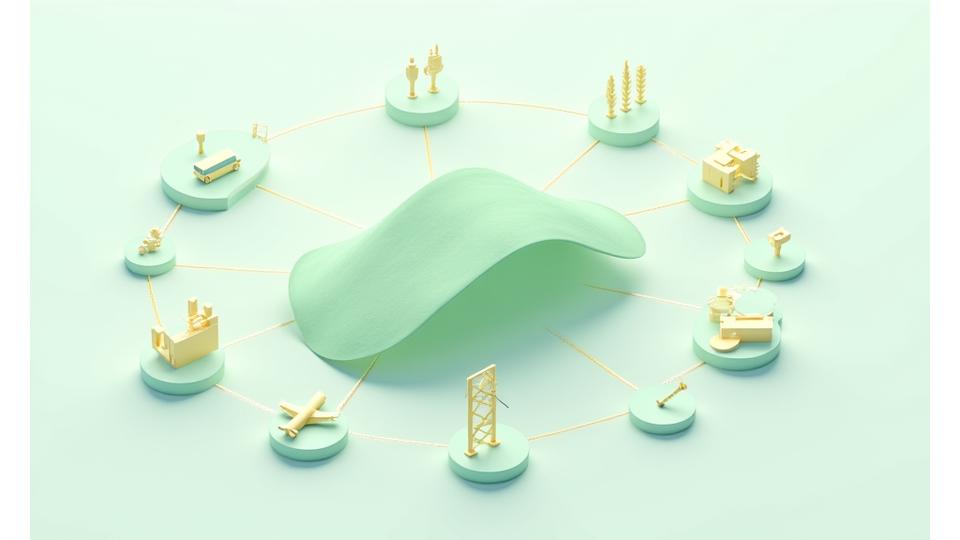 産業ごとのアイコンが並び、それぞれのアイコンから関連するテキスタイル製品が伸びるようなインフォグラフィック