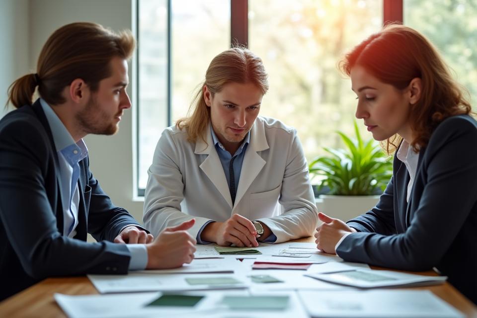 研究室でMugen Textilesの技術者が顧客とテキスタイルサンプルを前に議論しているシーン