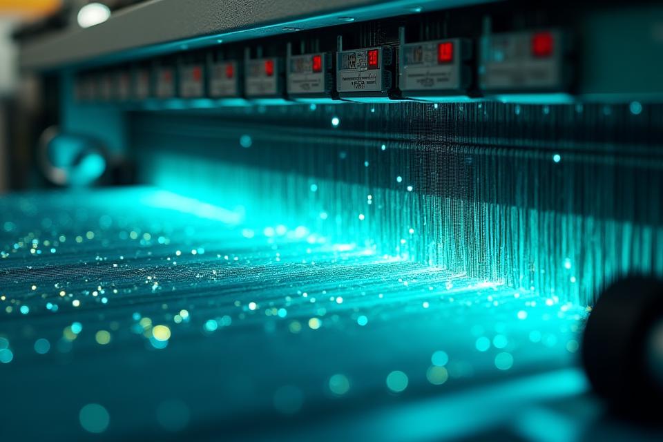 最新鋭のテキスタイル製造ラインをAIとIoTのデータフローが覆い、複数のセンサーとデータ表示画面が統合されたイメージ
