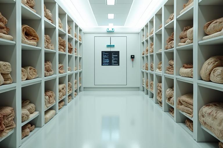 厳重に温湿度管理された保存庫で、貴重な織物が並べられている。奥には制御パネルが見える透明な扉。