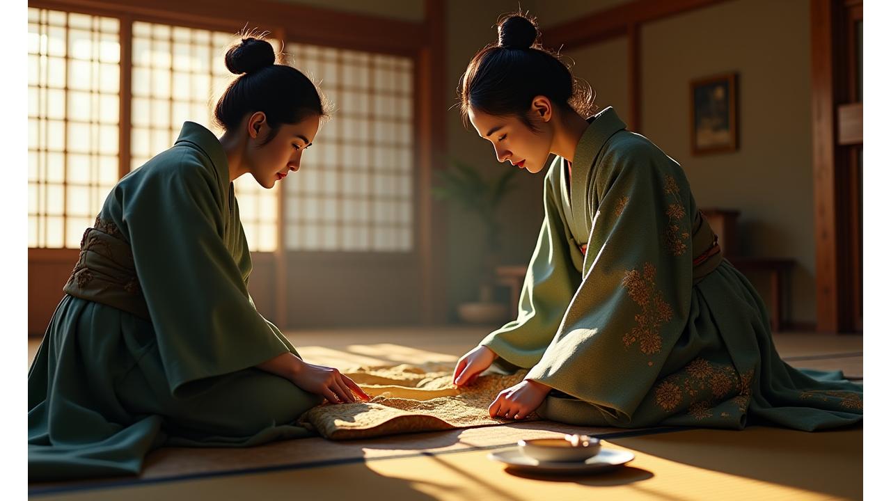 日本の茶室に飾られた、金糸が織り込まれた歴史的な着物を熟練の職人が丁寧に修復している様子。光が差し込み、ディテールが際立つ。