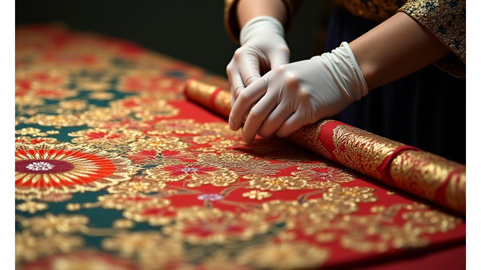 金糸や刺繍がふんだんに使われた明治時代の宮廷用正装の着物が、修復職人の手によって大切に広げられている。