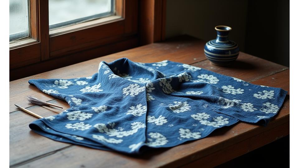 木のテーブルの上で、インクと筆が置かれた脇に、文豪が愛用したと思われる慎ましくも美しい絣（かすり）の着物が優しく広げられている。