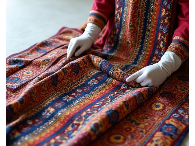 鮮やかな刺繍が施されたアフリカの民族衣装を、白手袋をはめた手が慎重に広げている。