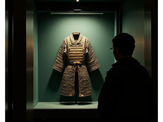 厳重に管理されたガラスケース内の古いサムライの軍服と、それを観察する修復家の影。