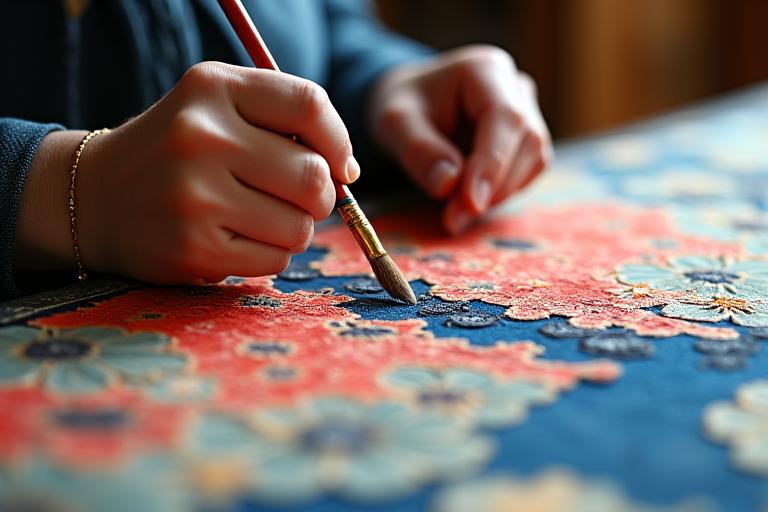 熟練の染め職人が、退色した着物の絵柄に、細い筆で慎重に天然染料を施している。