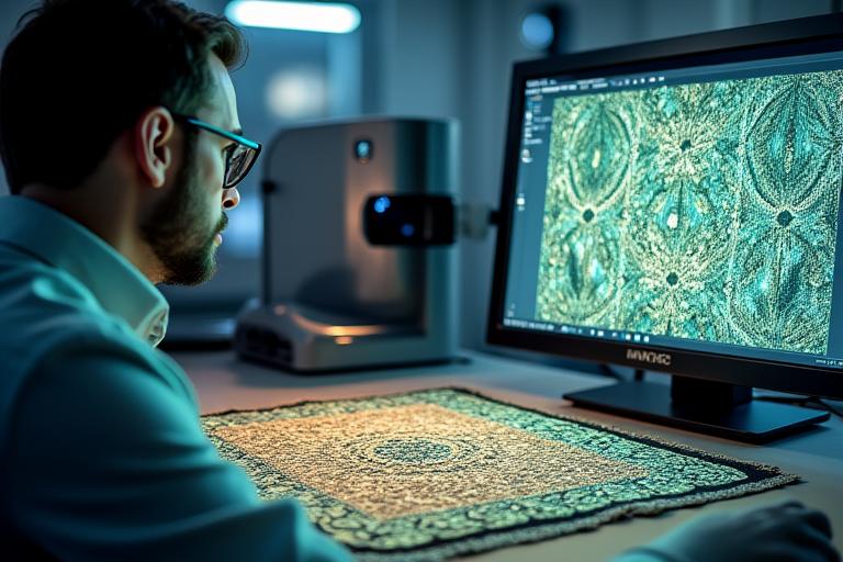 高精度な3Dスキャナーで古い織物をデジタル記録している技術者。モニターには詳細なテクスチャデータが表示されている。