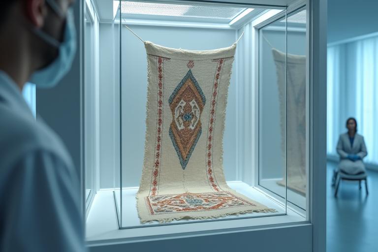 無菌室のようなクリーンな環境で、特殊なガスを用いて文化財級の織物に防虫・防カビ処理を施している様子。